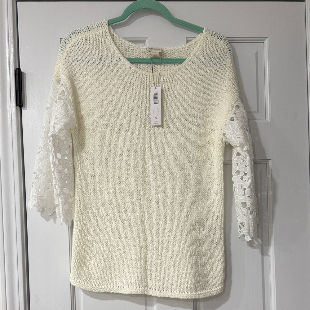 Chico's Cream Sweater with Floral white Lace Sleeves size 0